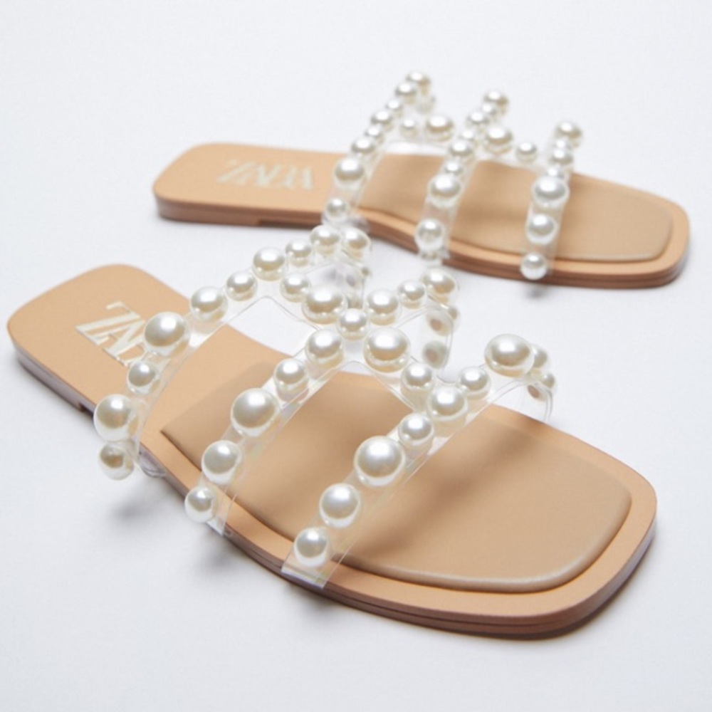 Zara Clear Pearl-Embellished Tan Slide Sandals